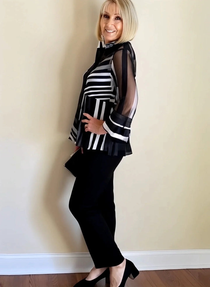 Lisa - 2Pcs Chiffon Stripes Shirt and Pants Set