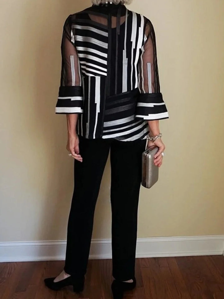 Lisa - 2Pcs Chiffon Stripes Shirt and Pants Set