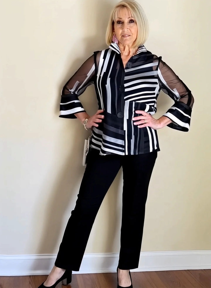 Lisa - 2Pcs Chiffon Stripes Shirt and Pants Set