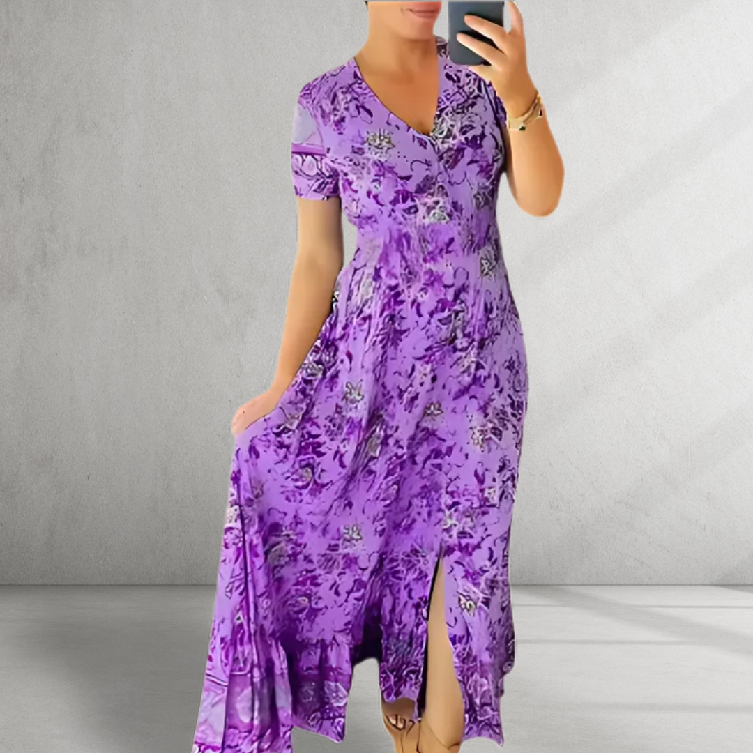 Alegra - Print Cozy V-neck Long Dress
