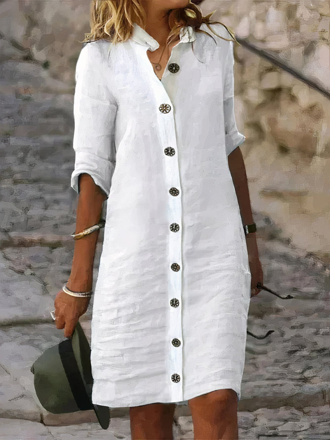 Isla - Button-Up Knee-Length Linen Dress