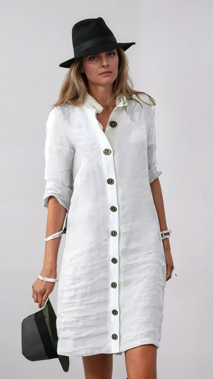 Isla - Button-Up Knee-Length Linen Dress