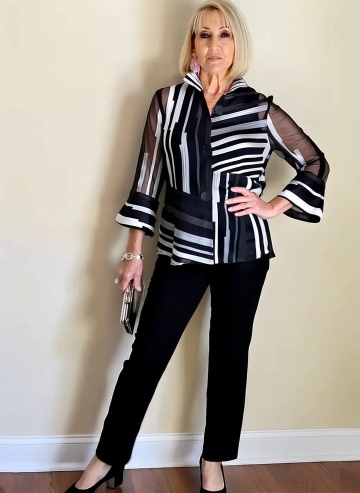 Lisa - 2Pcs Chiffon Stripes Shirt and Pants Set