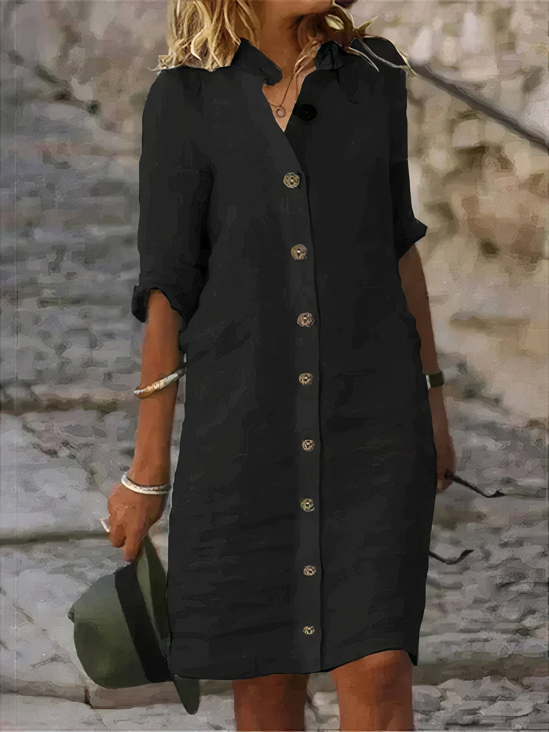 Isla - Button-Up Knee-Length Linen Dress