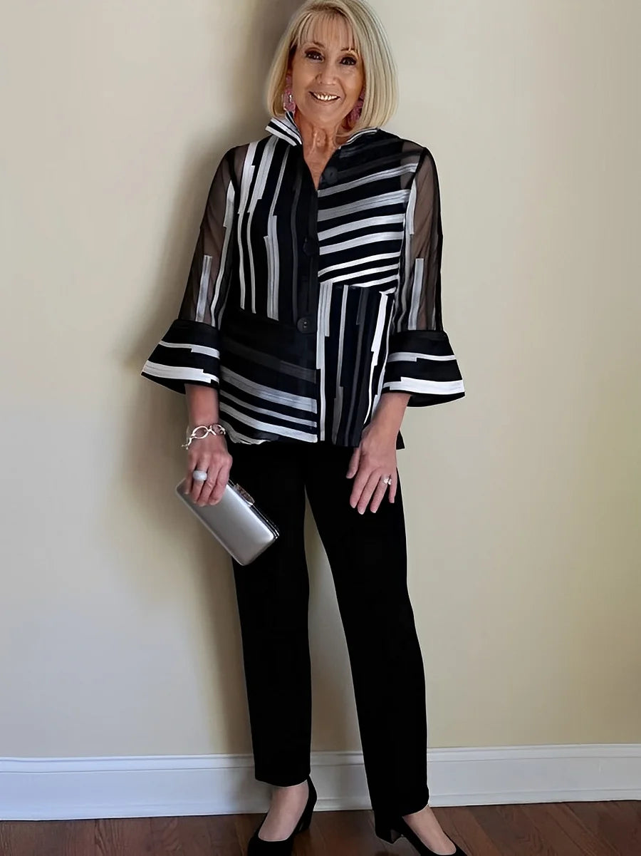 Lisa - 2Pcs Chiffon Stripes Shirt and Pants Set