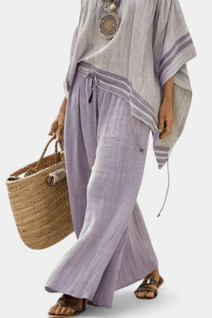 Complete bamboo linen set with off-shoulder top and wide-leg pants for an elegant and fresh style
