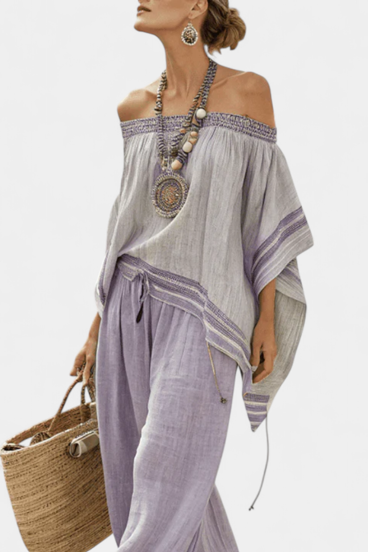 Complete bamboo linen set with off-shoulder top and wide-leg pants for an elegant and fresh style