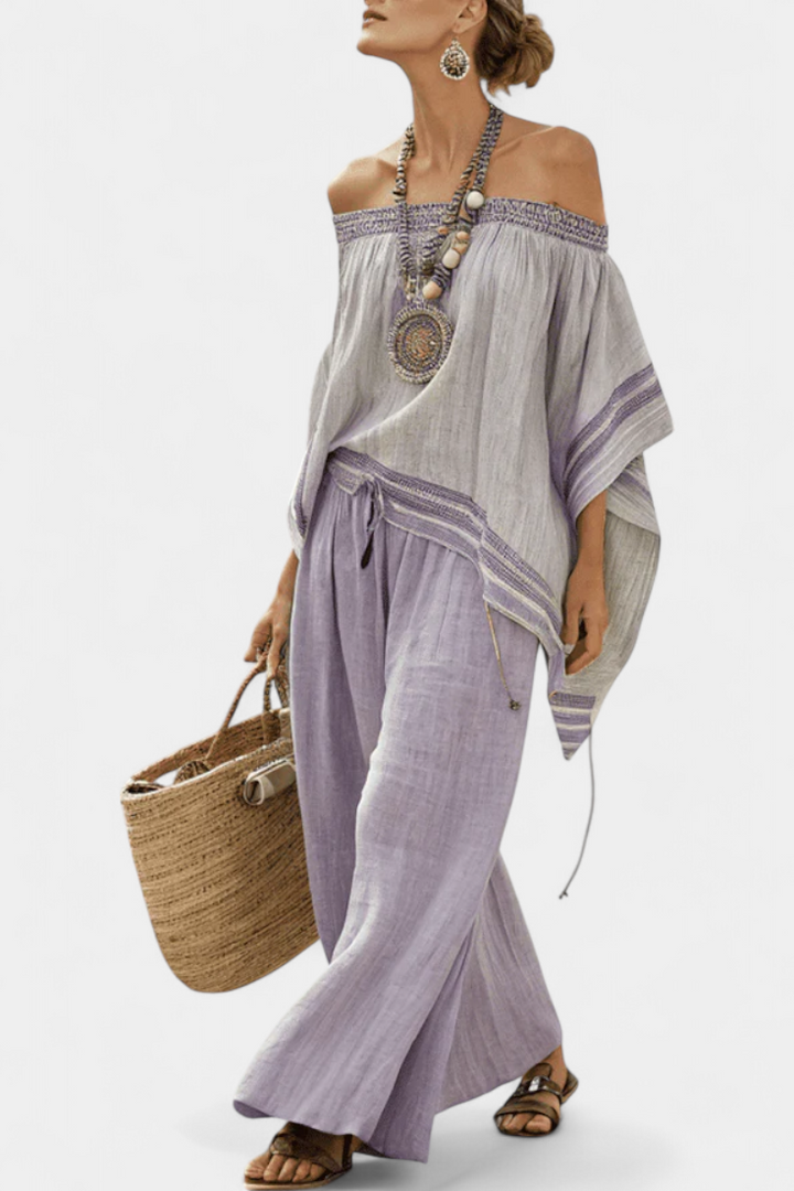 Complete bamboo linen set with off-shoulder top and wide-leg pants for an elegant and fresh style