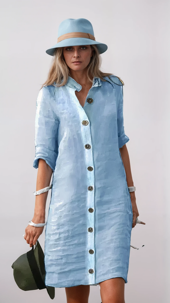 Isla - Button-Up Knee-Length Linen Dress