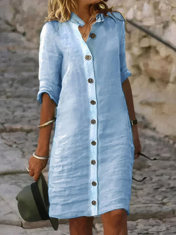 Isla - Button-Up Knee-Length Linen Dress