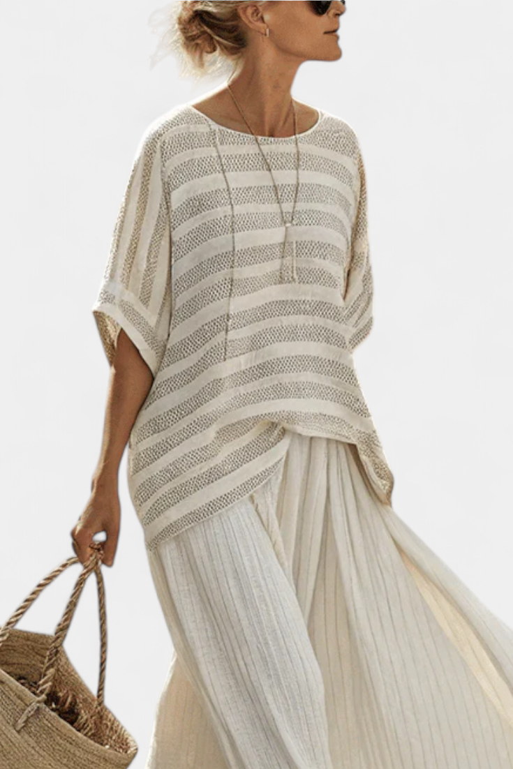 Complete Bamboo Linen Daisy Set with Elegant Striped Blouse and Flowing Pants for a Modern and Comfortable Style