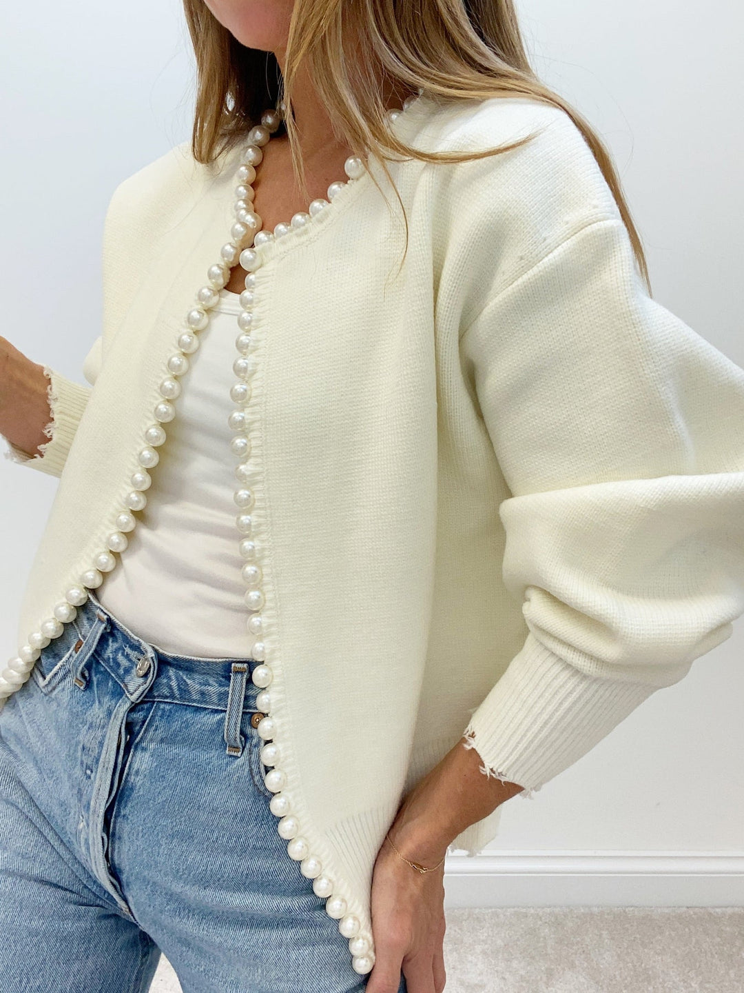 Anna – Pearl Trim Ripped Hem Cardigan