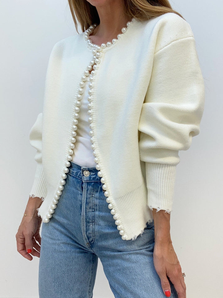 Anna – Pearl Trim Ripped Hem Cardigan