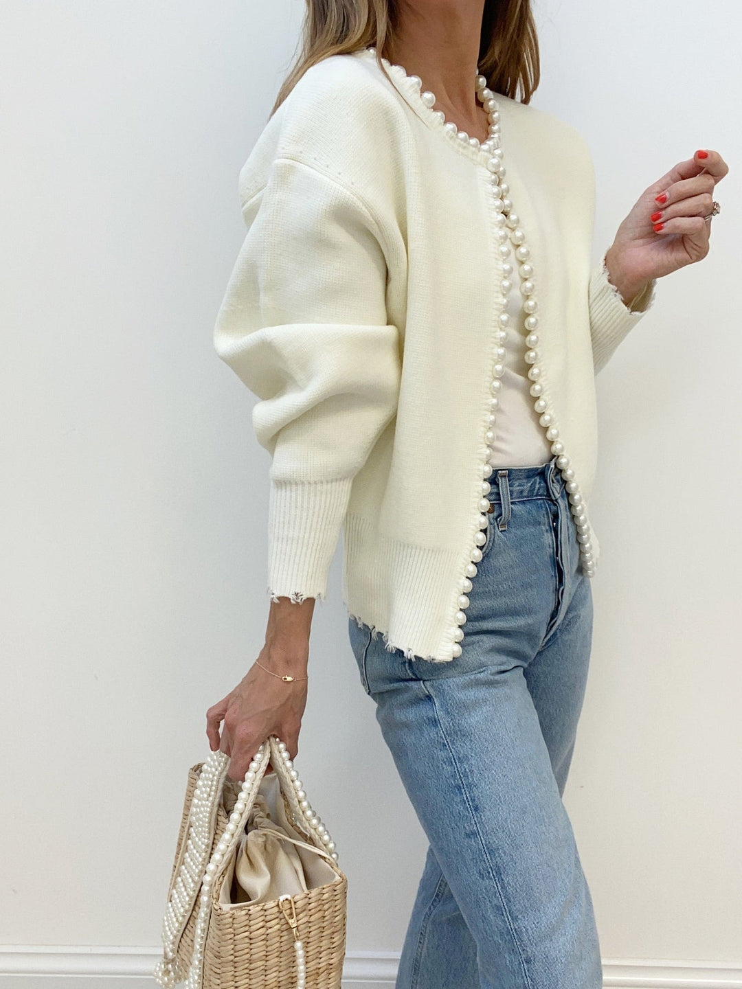 Anna – Pearl Trim Ripped Hem Cardigan
