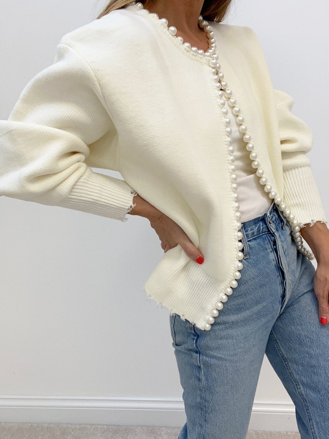 Anna – Pearl Trim Ripped Hem Cardigan