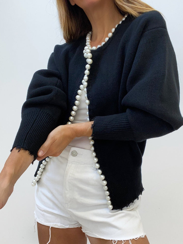 Anna – Pearl Trim Ripped Hem Cardigan