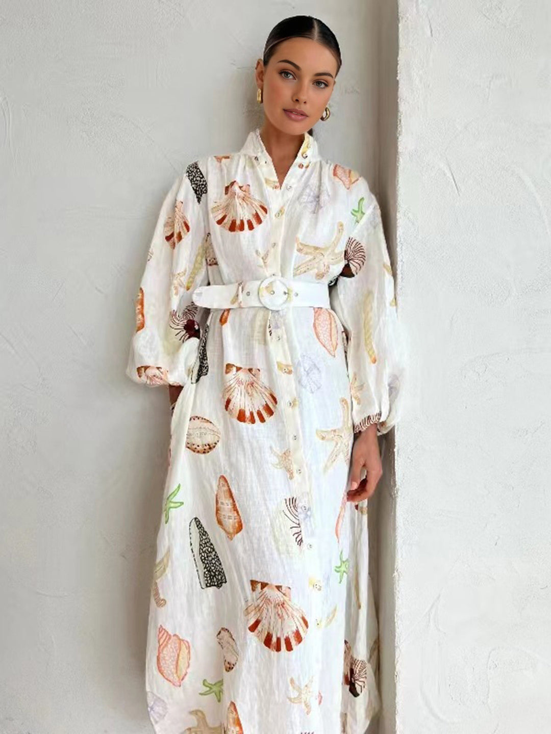 Anna - Marine Life Print Button-Front Belted Long Dress
