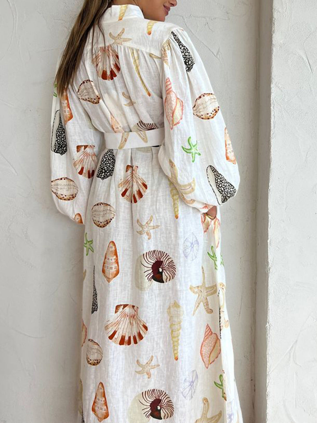 Anna - Marine Life Print Button-Front Belted Long Dress
