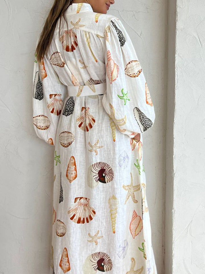 Anna - Marine Life Print Button-Front Belted Long Dress