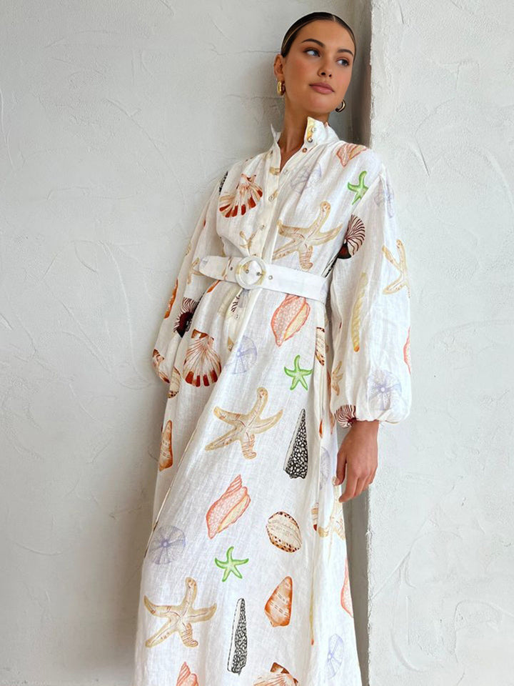 Anna - Marine Life Print Button-Front Belted Long Dress