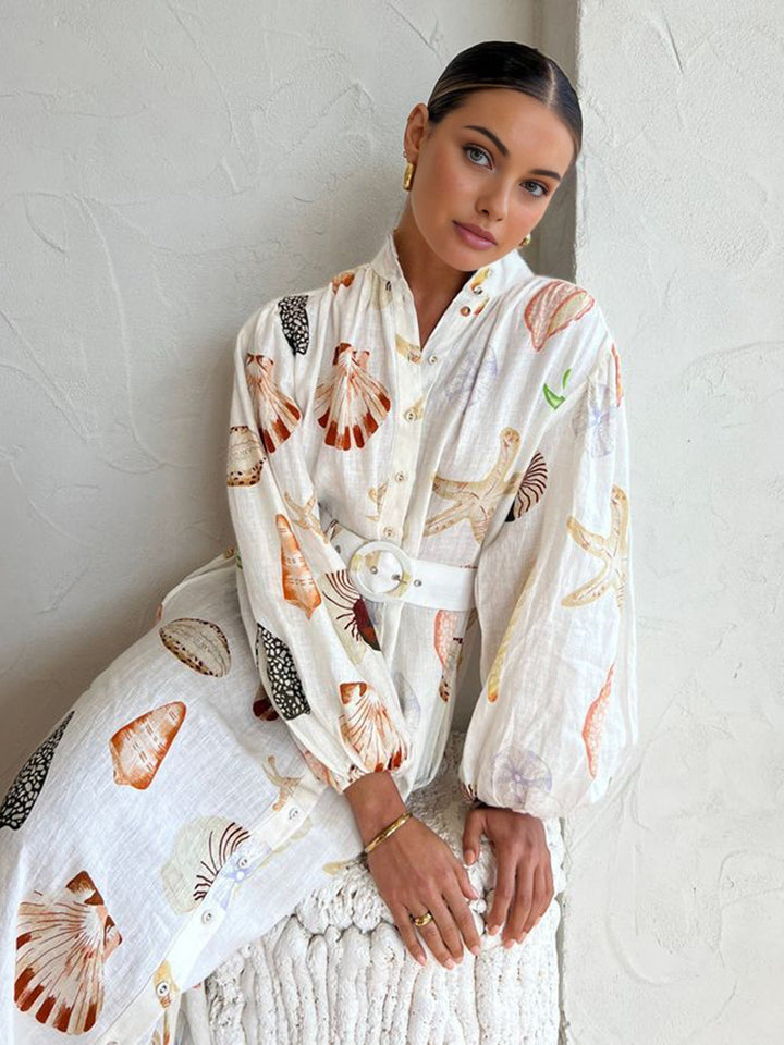 Anna - Marine Life Print Button-Front Belted Long Dress