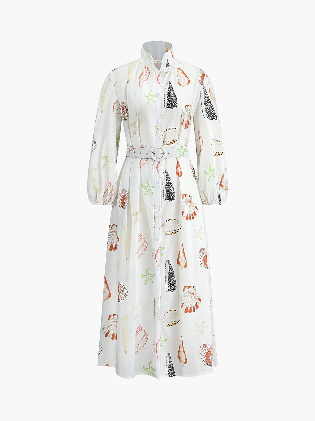 Anna - Marine Life Print Button-Front Belted Long Dress