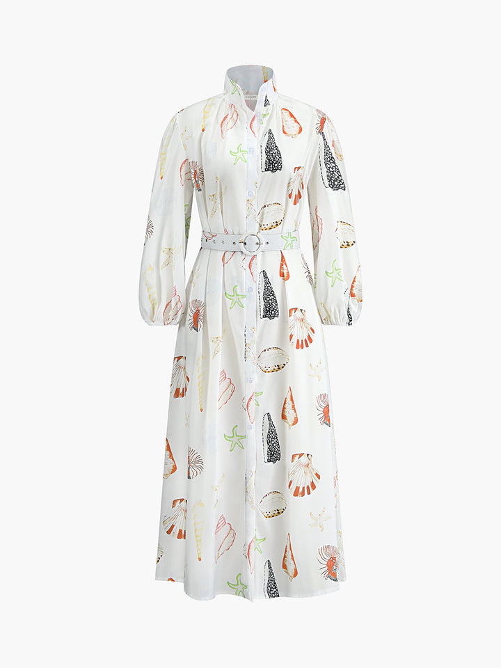 Anna - Marine Life Print Button-Front Belted Long Dress