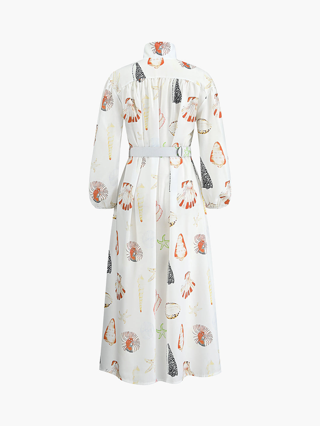 Anna - Marine Life Print Button-Front Belted Long Dress