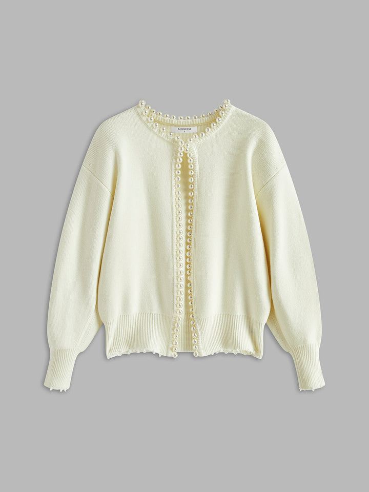 Anna – Pearl Trim Ripped Hem Cardigan