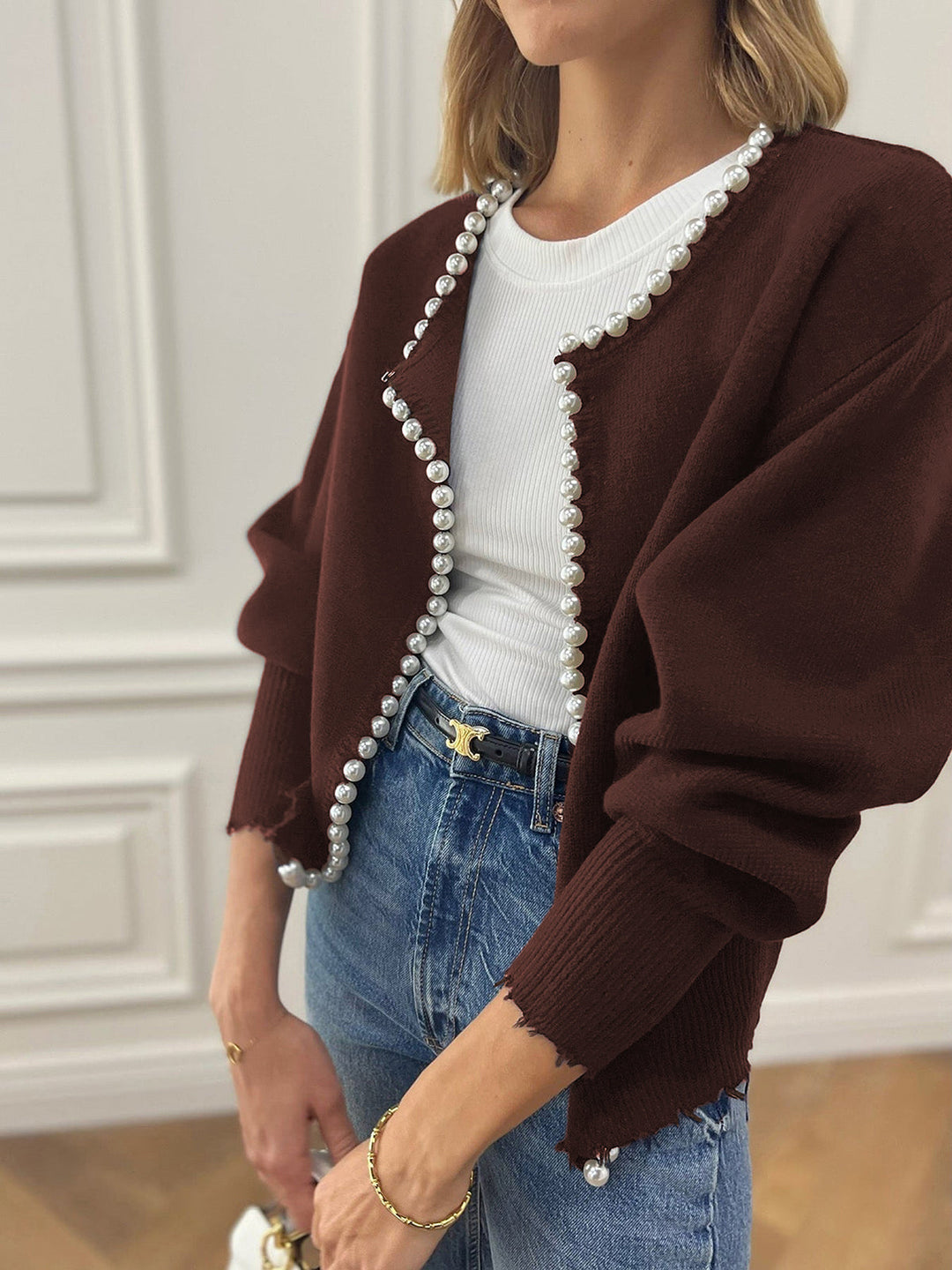 Anna – Pearl Trim Ripped Hem Cardigan