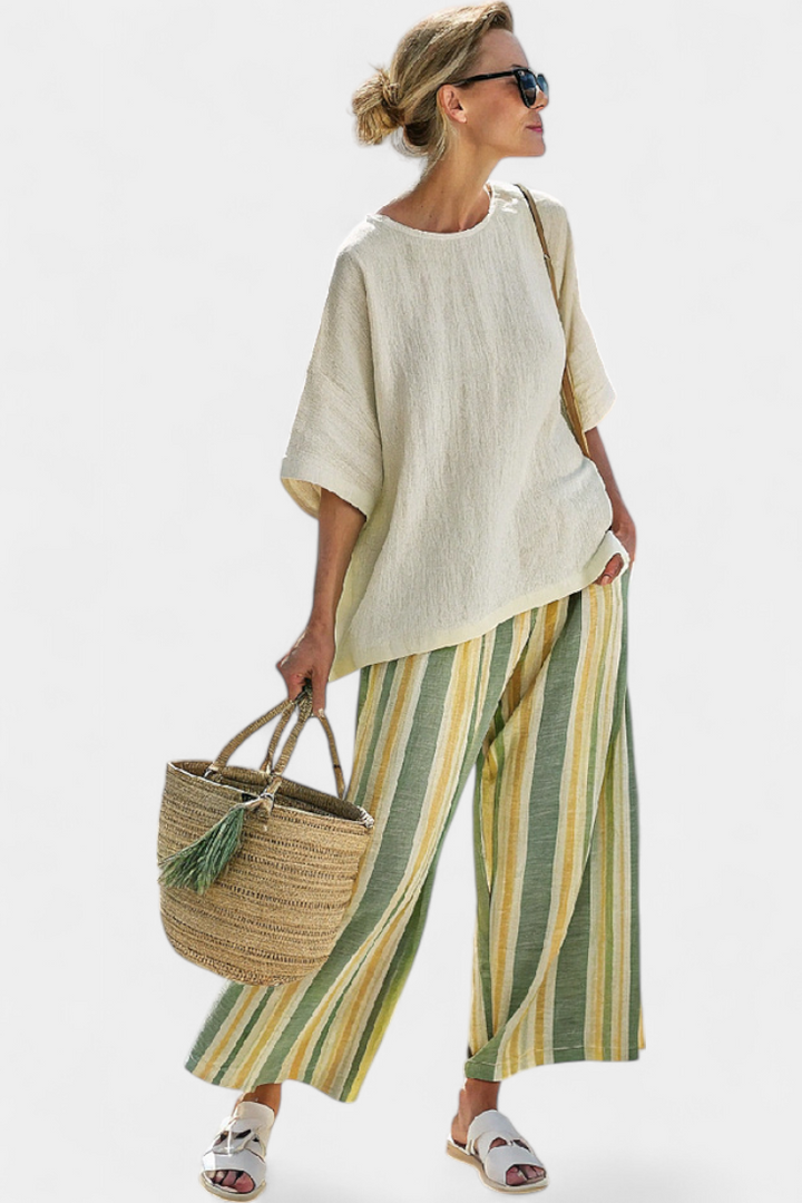 Daisy Mediterranean Bamboo Linen Set with Olive Green Stripes for a Refreshing and Sophisticated Style