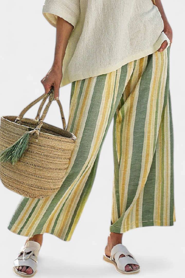 Daisy Mediterranean Bamboo Linen Set with Olive Green Stripes for a Refreshing and Sophisticated Style