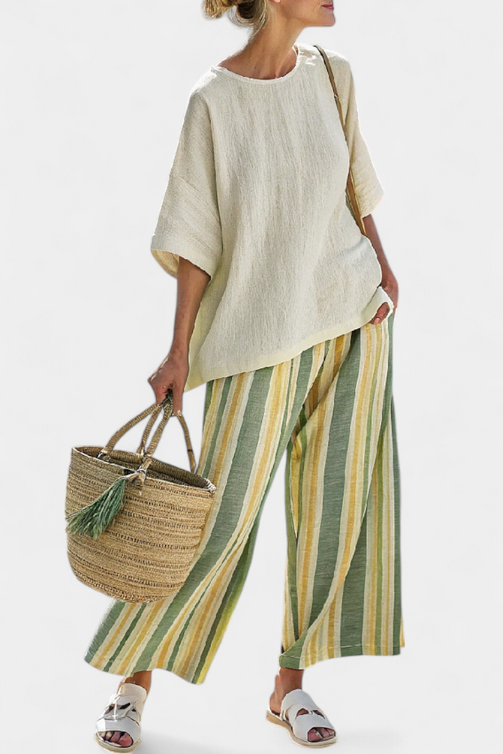 Daisy Mediterranean Bamboo Linen Set with Olive Green Stripes for a Refreshing and Sophisticated Style