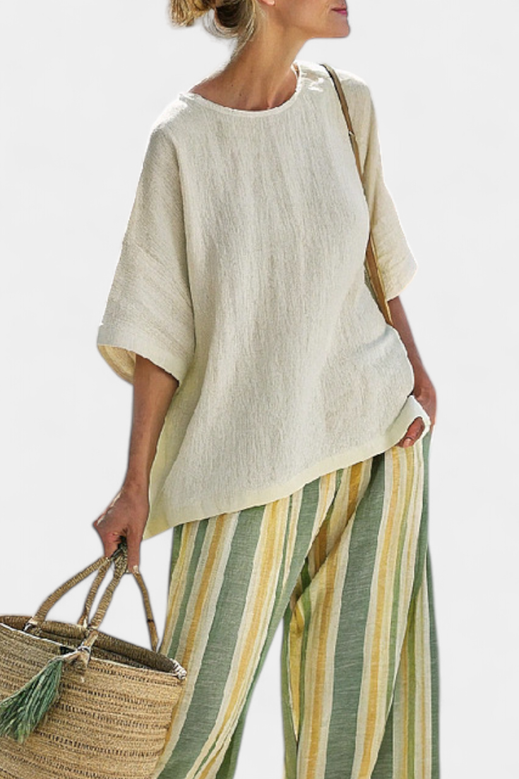 Daisy Mediterranean Bamboo Linen Set with Olive Green Stripes for a Refreshing and Sophisticated Style