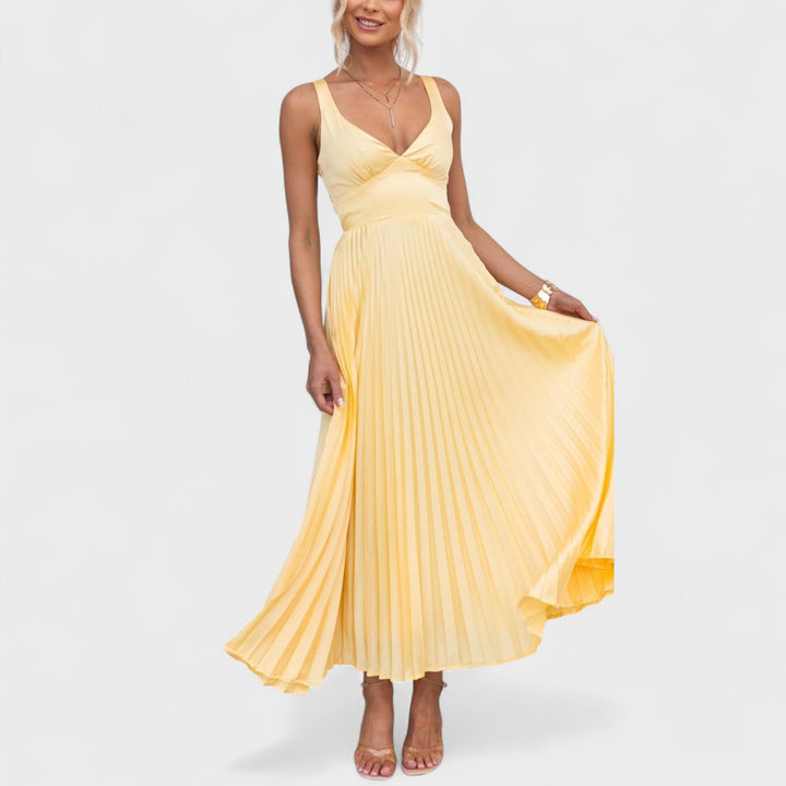 Aby - Yellow Pleated Maxi Dress with V-Neck
