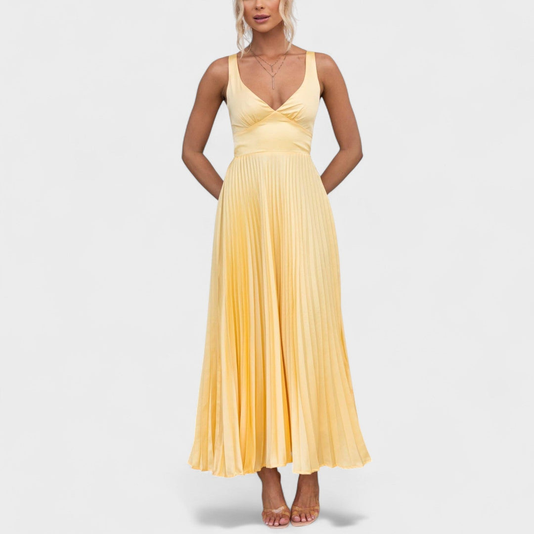 Aby - Yellow Pleated Maxi Dress with V-Neck