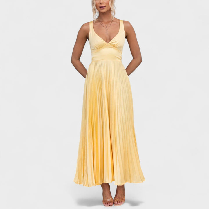 Aby - Yellow Pleated Maxi Dress with V-Neck