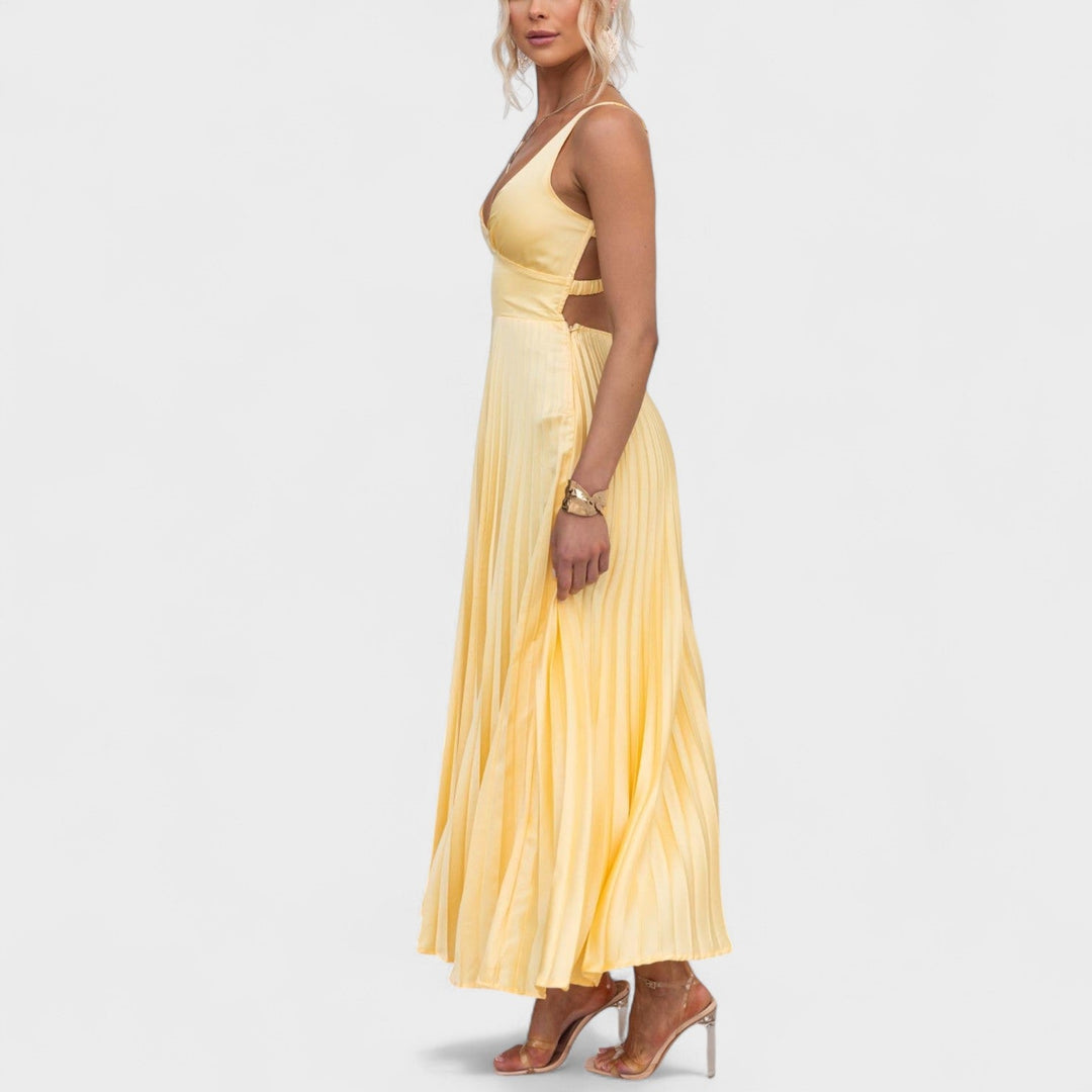 Aby - Yellow Pleated Maxi Dress with V-Neck