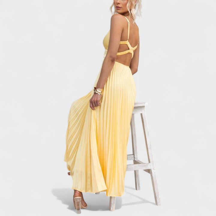 Aby - Yellow Pleated Maxi Dress with V-Neck