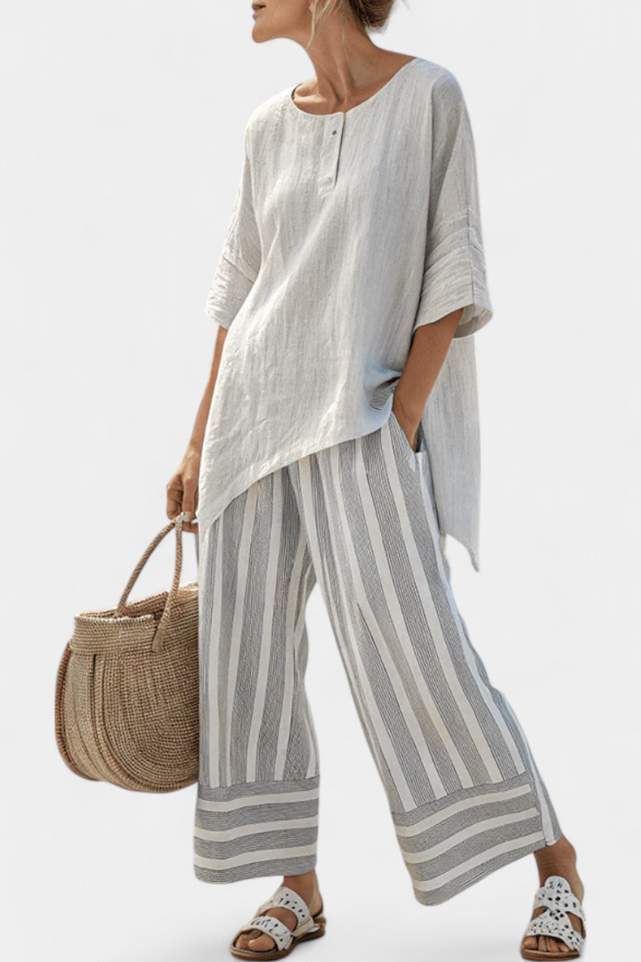Daisy Complete Set of Asymmetric Blouse and Striped Pants for a Modern and Elegant Style