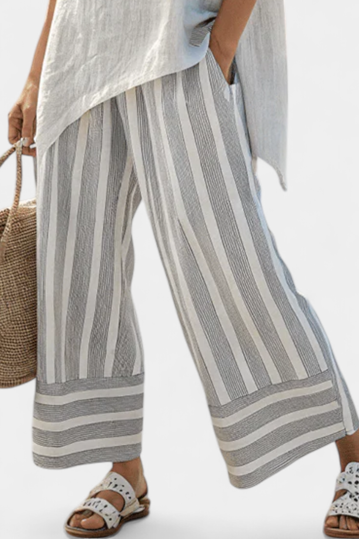 Daisy Complete Set of Asymmetric Blouse and Striped Pants for a Modern and Elegant Style