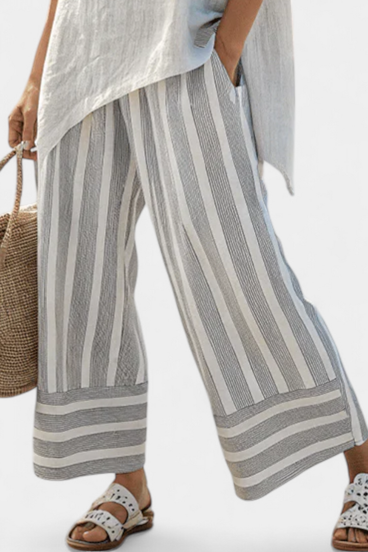 Daisy Complete Set of Asymmetric Blouse and Striped Pants for a Modern and Elegant Style